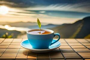 un taza de té en un de madera mesa con un ver de montañas. generado por ai foto