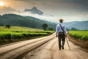 a man walking down a dirt road with cane. AI-Generated photo