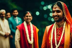 a man in a red and orange outfit is smiling. AI-Generated photo