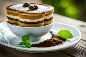 un postre en un taza con chocolate y menta hojas. generado por ai foto