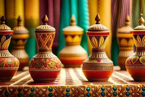 many colorful vases are lined up on a table. AI-Generated photo