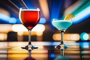two glasses of cocktails on a table in front of a blurry background. AI-Generated photo