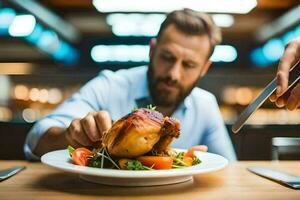 a man is cutting a chicken on a plate. AI-Generated photo