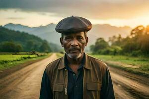 an african man standing on a dirt road with mountains in the background. AI-Generated photo