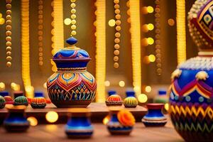colorful vases and candles on a table with lights. AI-Generated photo