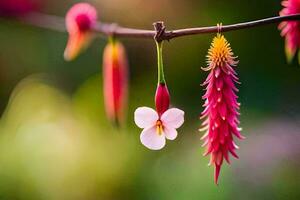 a pink flower hanging from a branch. AI-Generated photo