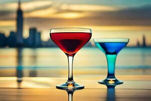 two glasses of red and blue liquid sitting on a table in front of a city skyline. AI-Generated photo