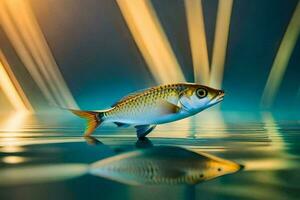 a fish is floating in the water with light beams. AI-Generated photo