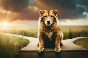 a dog sitting on a bench in front of a sunset. AI-Generated photo