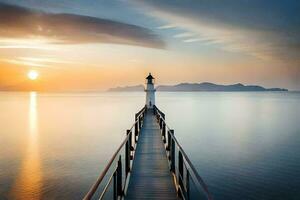 un faro soportes en un muelle a puesta de sol. generado por ai foto