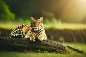 a tiger is sitting on a log in the grass. AI-Generated photo