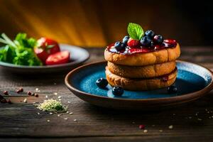 stack of pancakes with berries and herbs on a plate. AI-Generated photo