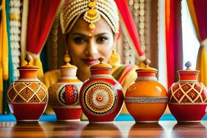 a woman in traditional indian dress is posing with colorful vases. AI-Generated photo