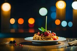 a plate of spaghetti with berries and a candle on a table. AI-Generated photo