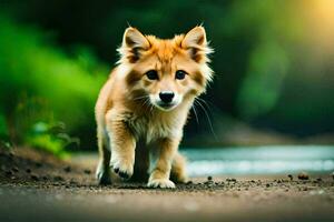 a small dog walking on the road. AI-Generated photo