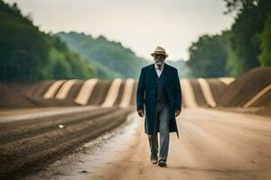 a man in a suit and hat walking down a dirt road. AI-Generated photo