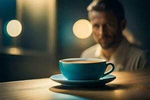 a man sitting at a table with a cup of coffee. AI-Generated photo