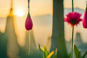pink flowers hanging from a tree at sunset. AI-Generated photo