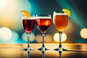 three glasses of different drinks on a table. AI-Generated photo