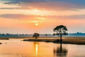 un puesta de sol terminado el río con un árbol en el primer plano. generado por ai foto