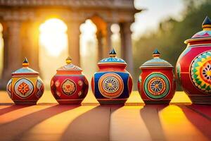 colorful pots on a wooden table with the sun setting behind them. AI-Generated photo