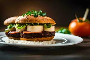 dos hamburguesas en un plato con arroz. generado por ai foto