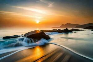 the sun sets over the ocean in this long exposure photograph. AI-Generated photo