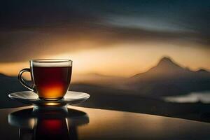 a cup of tea sits on a saucer in front of a mountain. AI-Generated photo