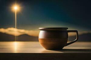 a coffee cup on a table in front of a mountain. AI-Generated photo