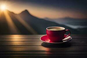 coffee cup on the table with mountains in the background. AI-Generated photo