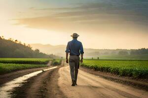 un hombre en un sombrero camina abajo un suciedad la carretera. generado por ai foto