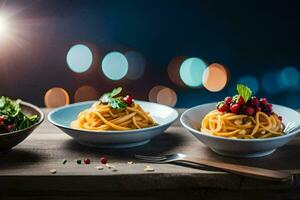 three bowls of pasta with salad and berries. AI-Generated photo