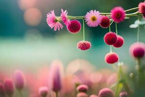 rosado flores son colgando desde un rama en un campo. generado por ai foto