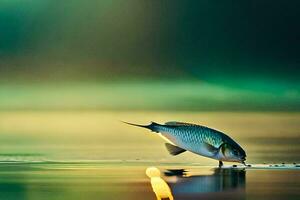 a fish is standing on the water with its tail out. AI-Generated photo