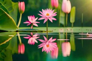 rosado loto flores en el agua con verde hojas. generado por ai foto