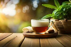 a cup of tea on a wooden table with a basket of herbs. AI-Generated photo