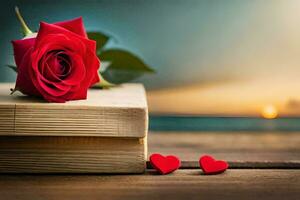 a red rose is sitting on top of a book with hearts on the table. AI-Generated photo