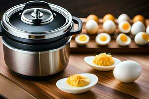 an electric pressure cooker with eggs and a cutting board. AI-Generated photo
