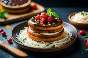 a stack of pancakes with berries and chocolate sauce. AI-Generated photo