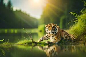 a tiger is sitting on the bank of a river. AI-Generated photo