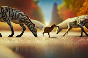 the zebra and the baby are walking in the water. AI-Generated photo