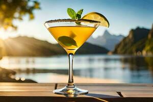 a cocktail with a lime and mint on a table in front of a lake. AI-Generated photo
