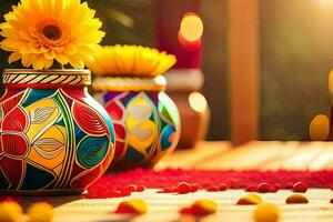 colorful vases with yellow flowers on a wooden table. AI-Generated photo