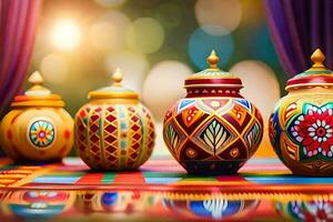 colorful pots on a table with a curtain in the background. AI-Generated photo