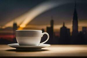 coffee cup on table with city in background. AI-Generated photo