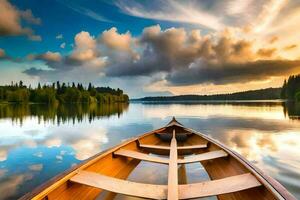 a boat on a lake with a sky and clouds. AI-Generated photo