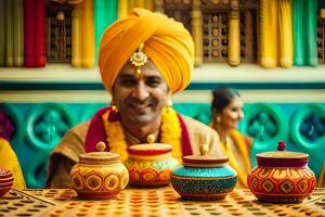 a man in a turban sits at a table with colorful pots. AI-Generated photo