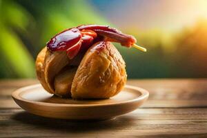 a stuffed pastry with sauce on top on a wooden table. AI-Generated photo