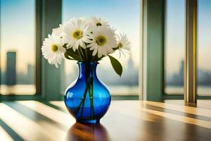 a blue vase with white flowers sitting on a table. AI-Generated photo