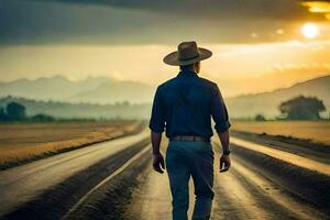 hombre en vaquero sombrero caminando en la carretera a puesta de sol. generado por ai foto